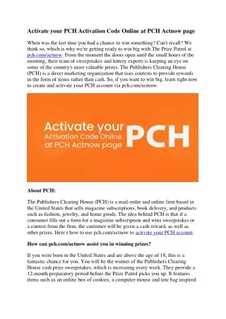 Activate your PCH Activation Code Online at PCH Actnow page