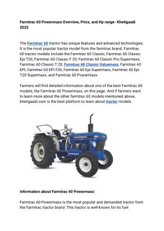 Farmtrac 60 Powermaxx Overview, Price, and Hp range- Khetigaadi 2022