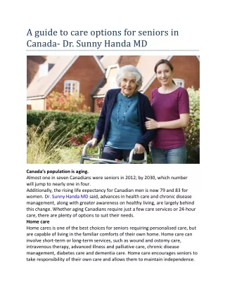 A guide to care options for seniors in Canada- Dr. Sunny Handa MD