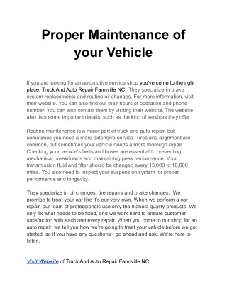 Proper Maintenance of your Vehicle