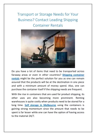 Transport or Storage Needs for Your Business? Contact Leading Shipping Container