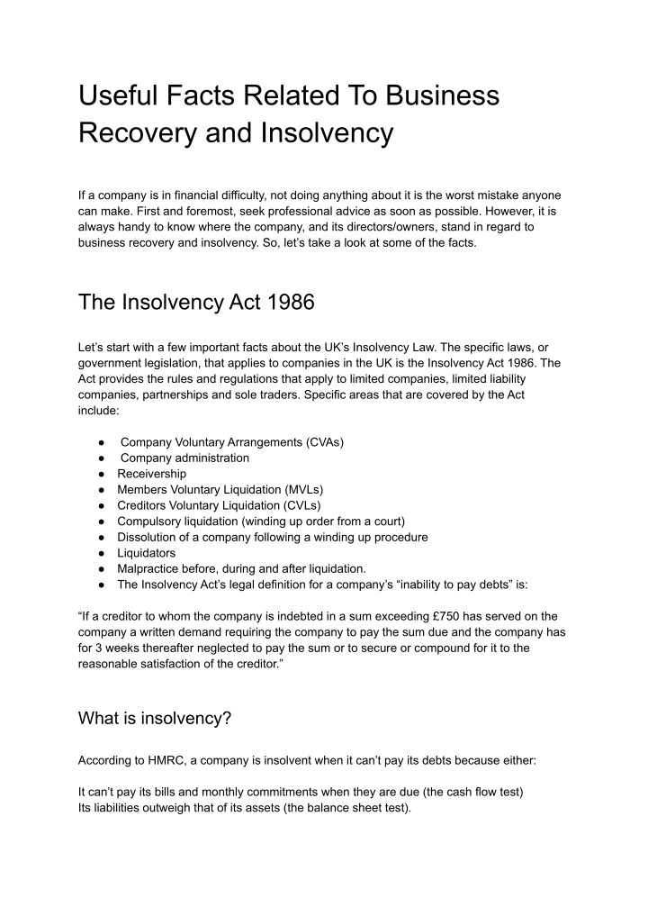 useful facts related to business recovery