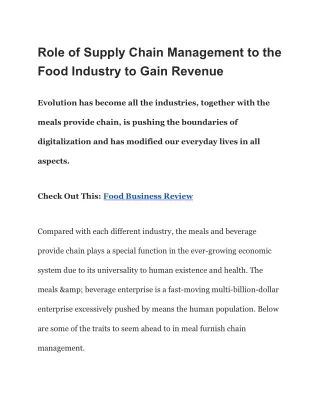 Role of Supply Chain Management to the Food Industry to Gain Revenue