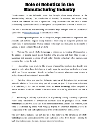 role of robotics in the manufacturing industry