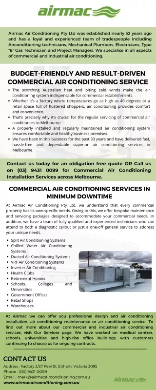Commercial Air Conditioning Service Throughout Melbourne