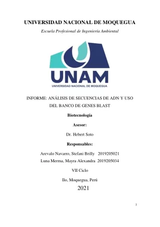 INFORME DE LA PRACTICA N 04 ANALISIS DE SECUENCIAS DE ADN Y USO DEL BANCO DE GENES BLASTn y ciestionario