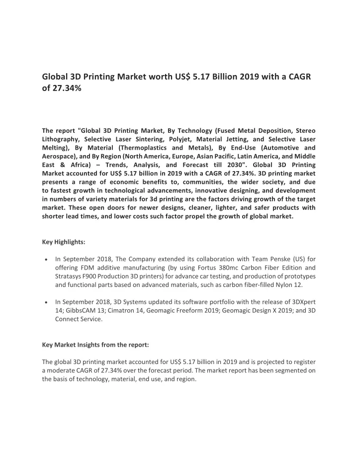 global 3d printing market worth us 5 17 billion