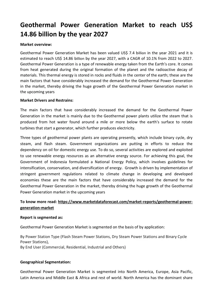 geothermal power generation market to reach