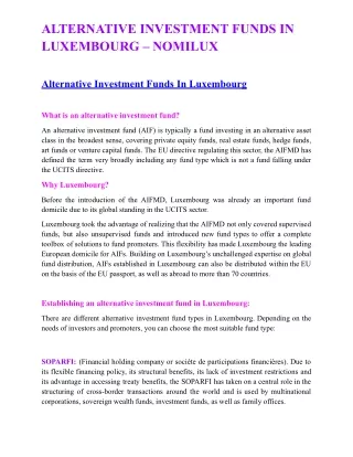 ALTERNATIVE INVESTMENT FUNDS IN LUXEMBOURG – NOMILUX