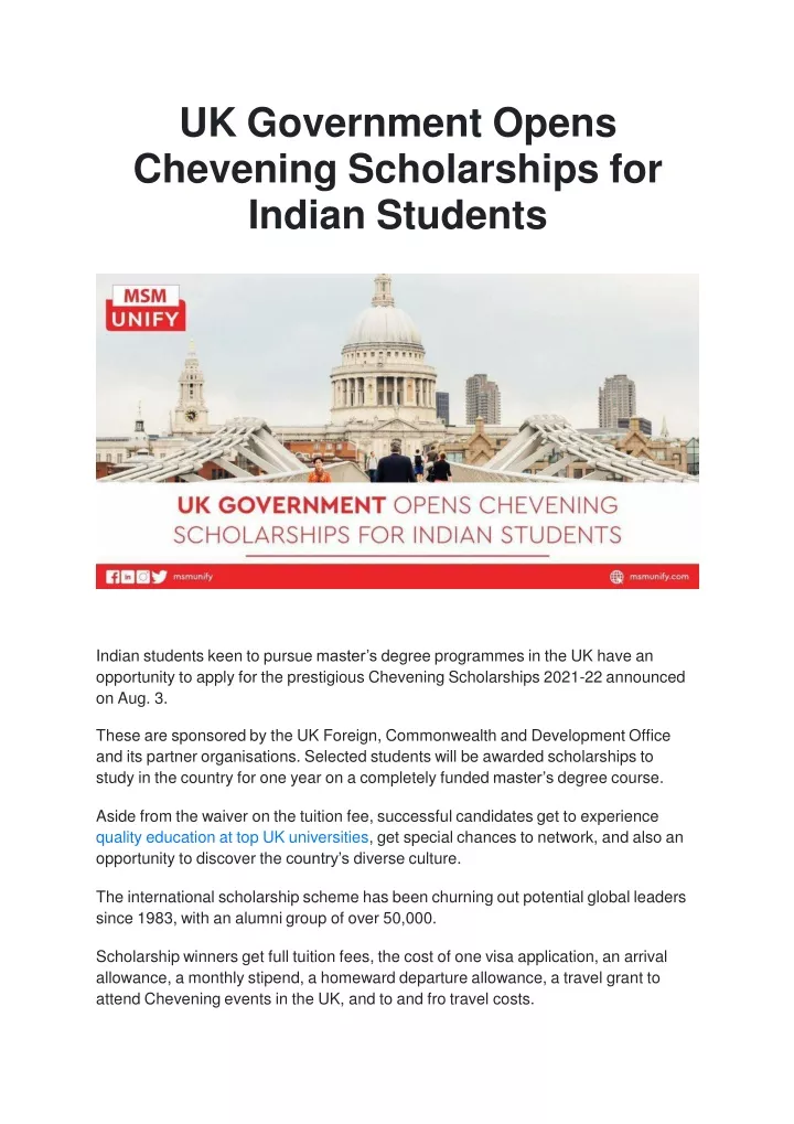 uk government opens chevening scholarships for indian students