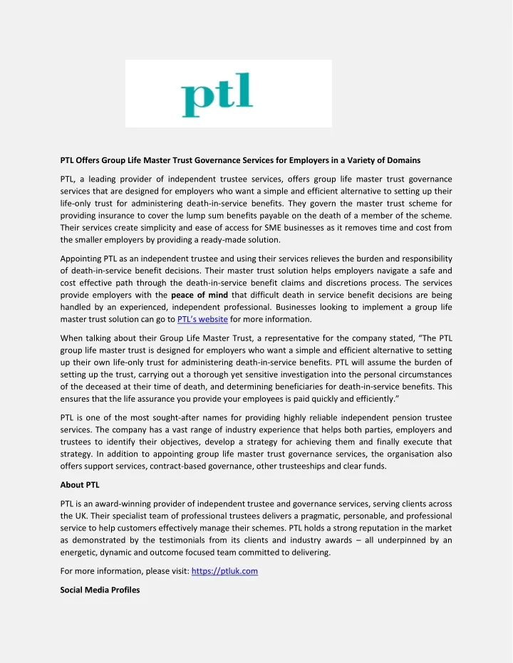 ptl offers group life master trust governance