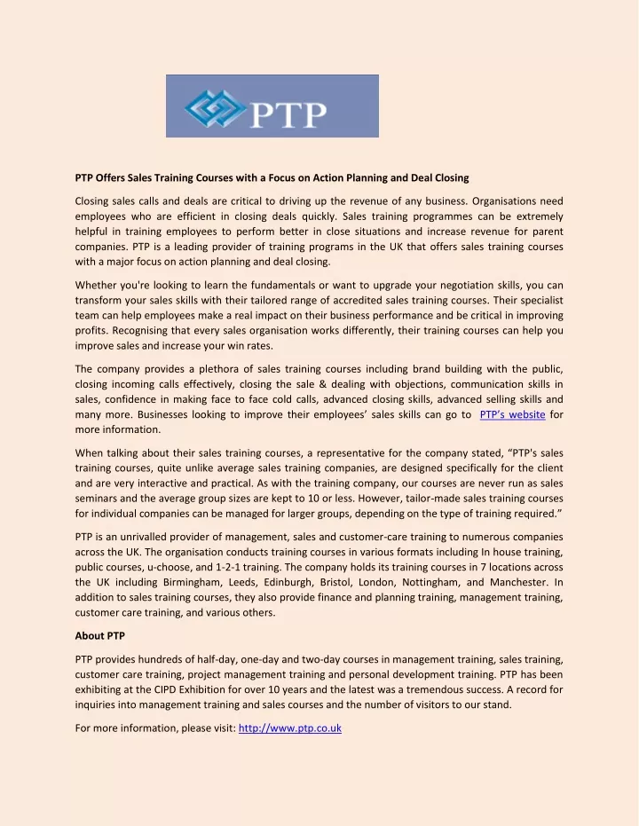 ptp offers sales training courses with a focus