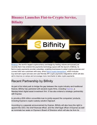 Binance launches Bifinity a fiat-to-crypto service