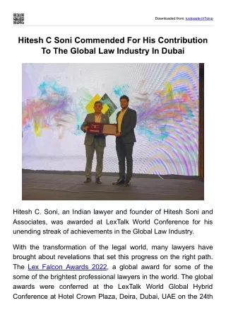 Hitesh C Soni Commended For His Contribution To The Global Law Industry In Dubai