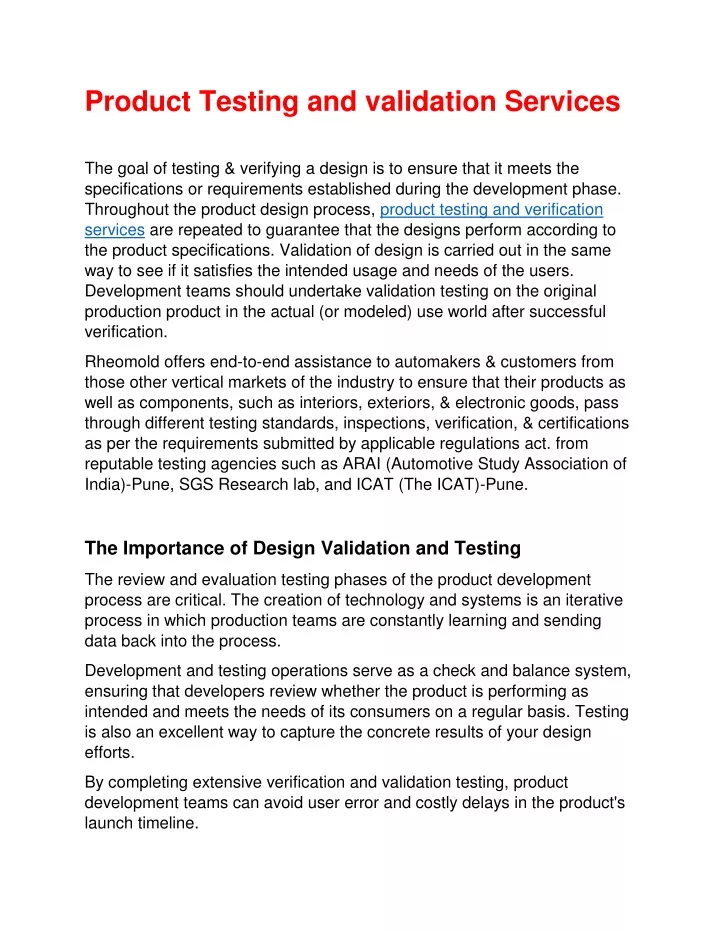 product testing and validation services