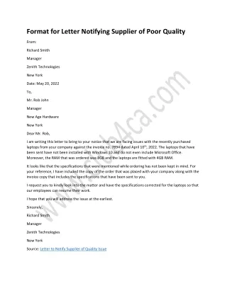 Format Letter to Notify Supplier of Quality Issue