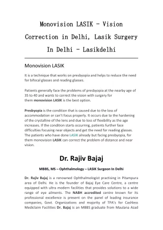 Monovision LASIK - Lasik Surgery In Delhi