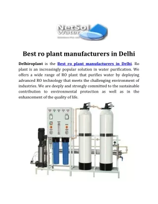Best ro plant manufacturers in Delhi / delhiroplat /