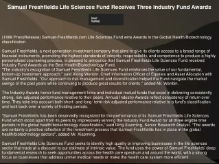 Samuel Freshfields Life Sciences Fund Receives Three Industry Fund Awards