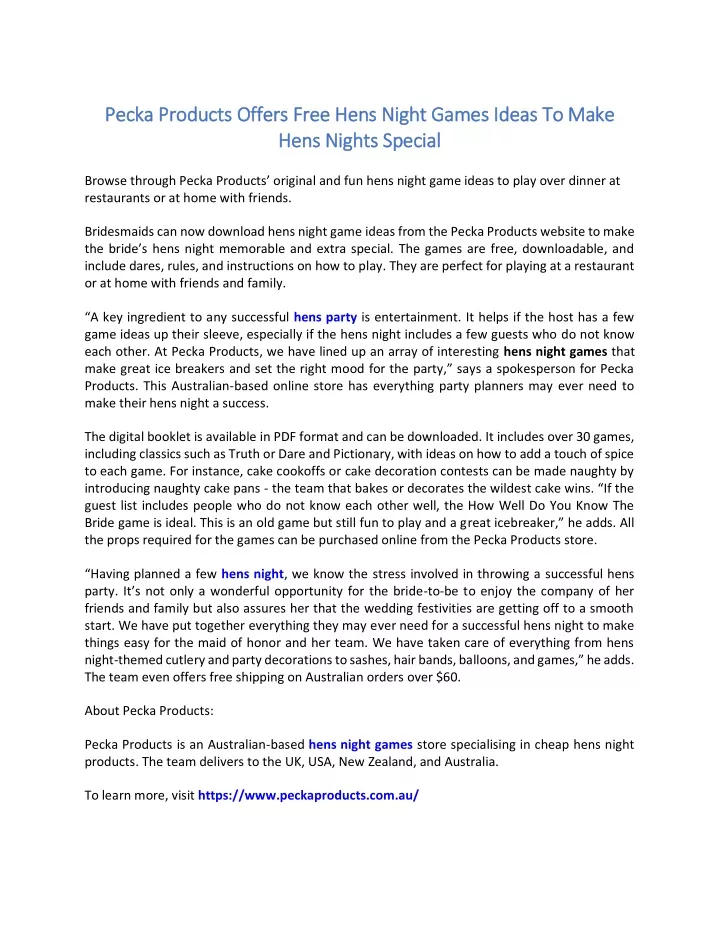 pecka products offers free hens night games