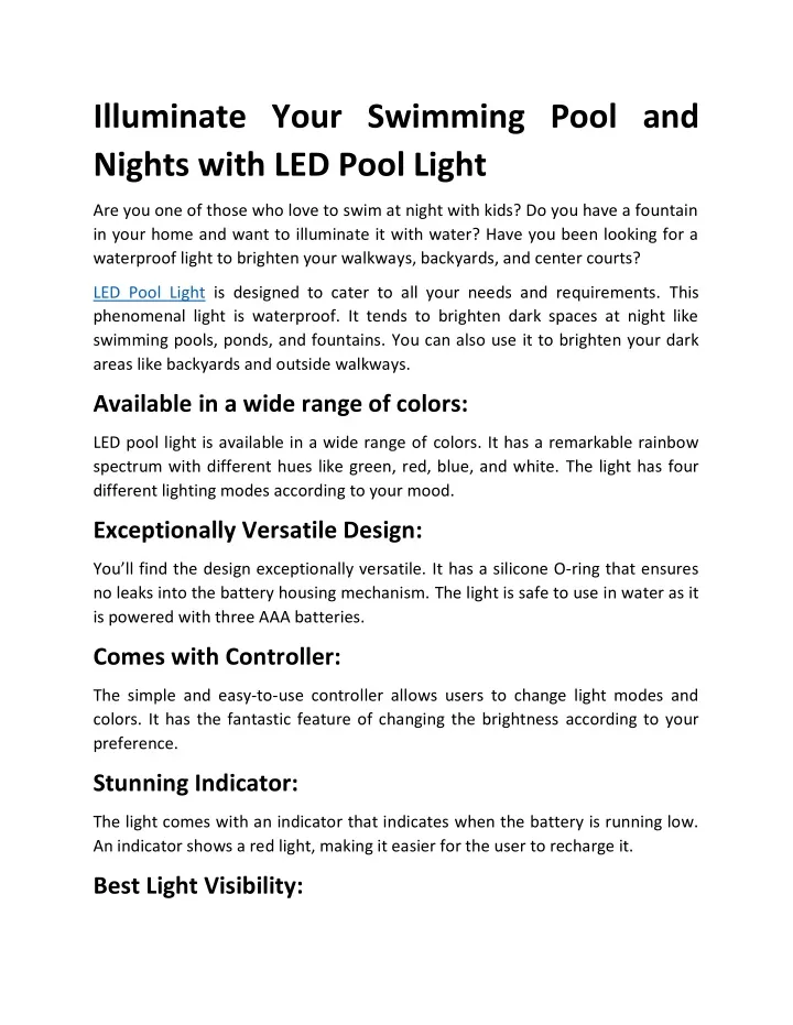 illuminate your swimming pool and nights with