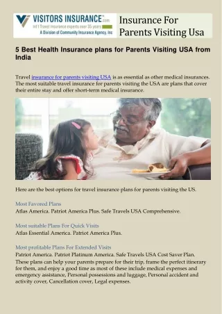 5 Best Health Insurance plans for Parents Visiting USA from India