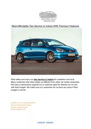 Most Affordable Taxi Service In Indore With Premium Features