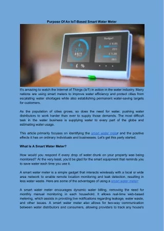 Purpose Of An IoT-Based Smart Water Meter