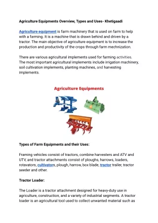 Agriculture Equipments Overview, Types and Uses- Khetigaadi