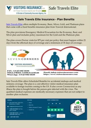Safe Travels Elite Insurance - Plan Benefits