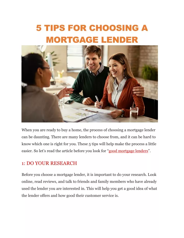 5 tips for choosing a mortgage lender