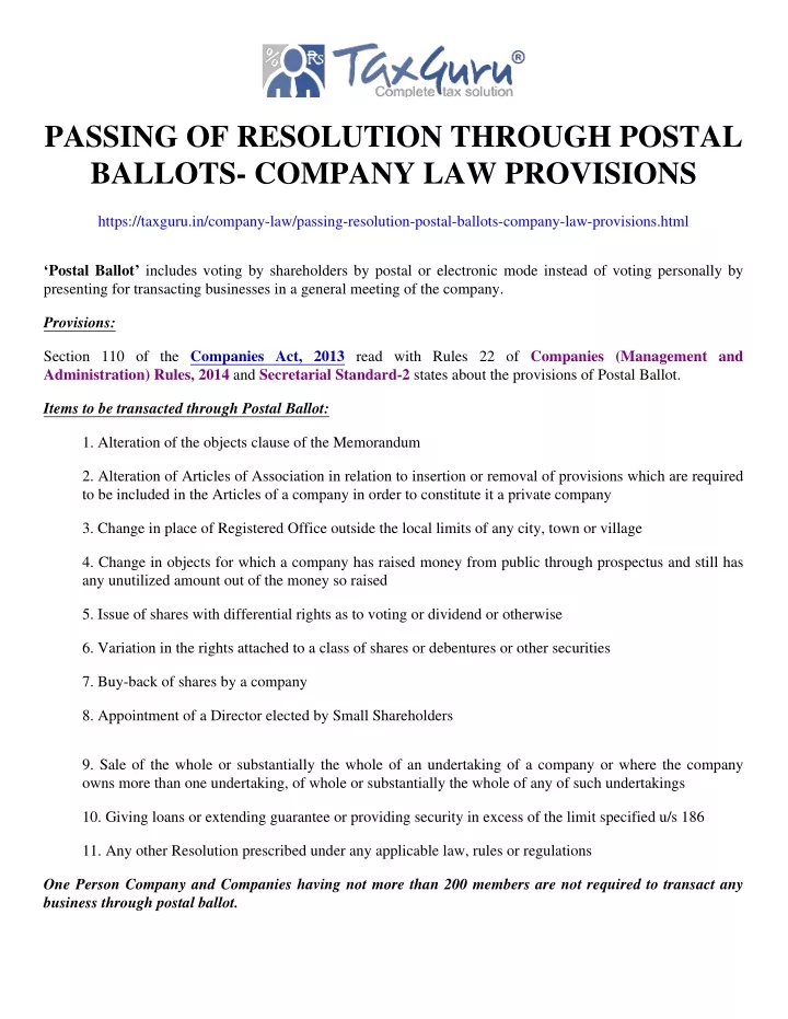 passing of resolution through postal ballots