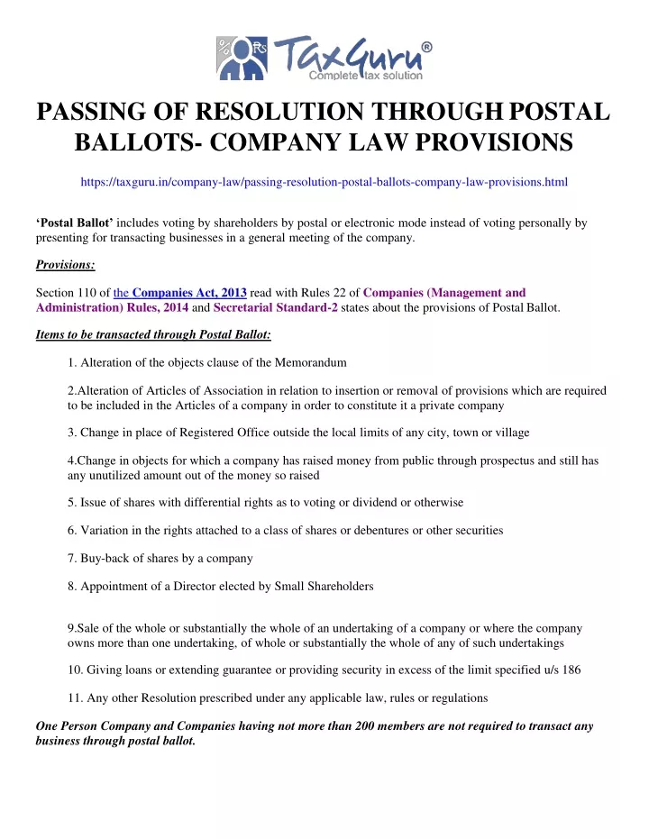 passing of resolution through postal ballots company law provisions