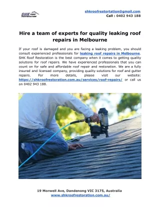 Hire a team of experts for quality leaking roof repairs in Melbourne