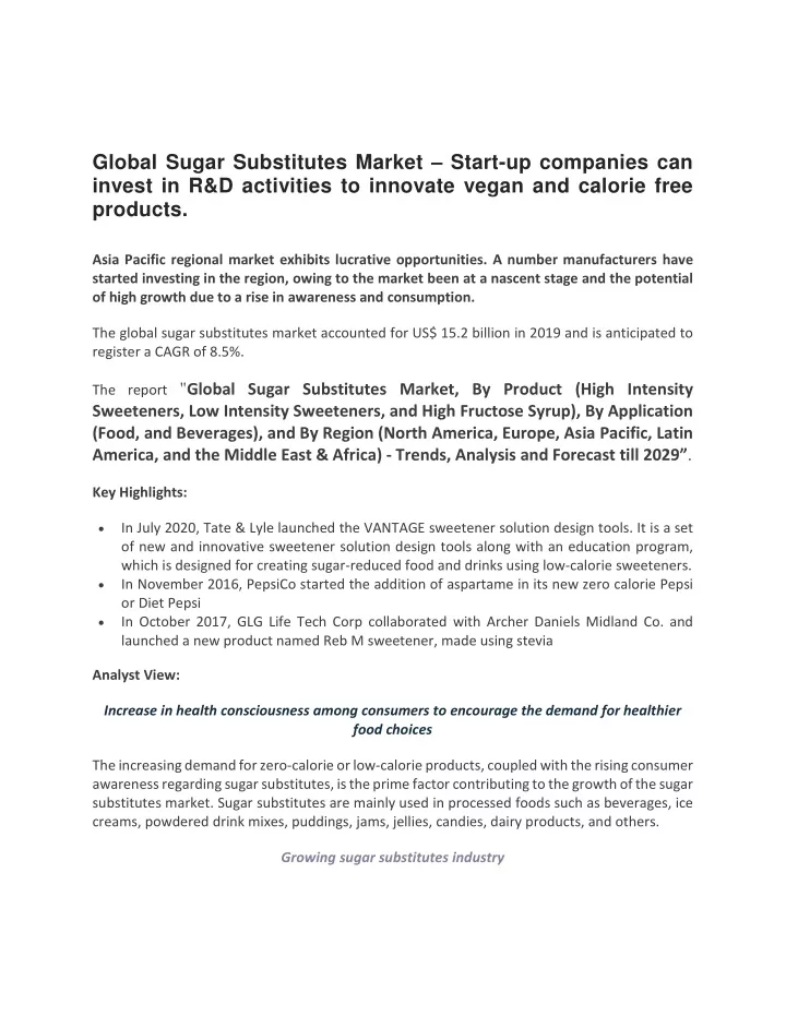 global sugar substitutes market start