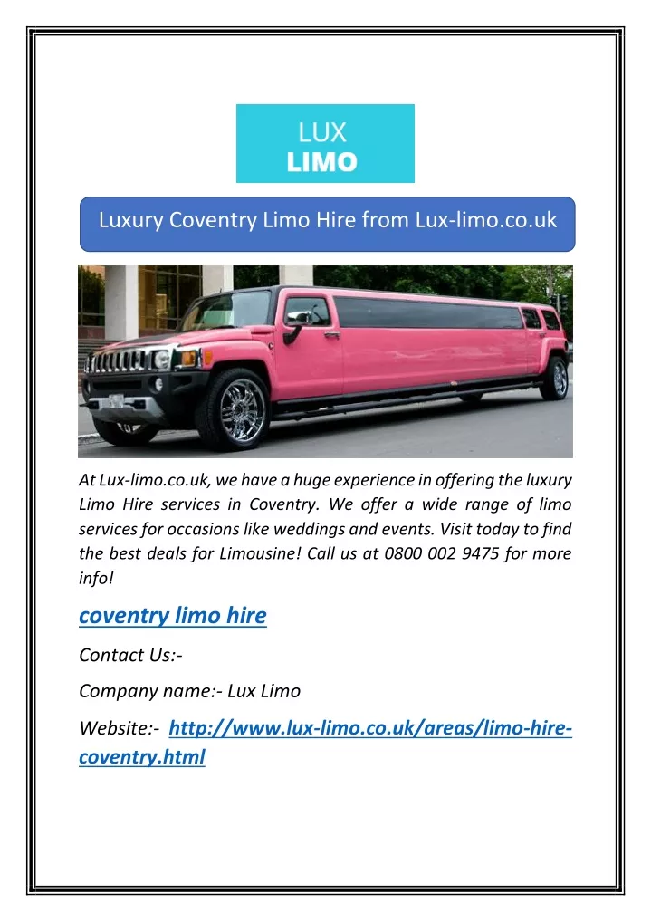 luxury coventry limo hire from lux limo co uk