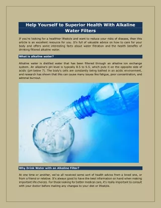 Help Yourself to Superior Health With Alkaline Water Filters