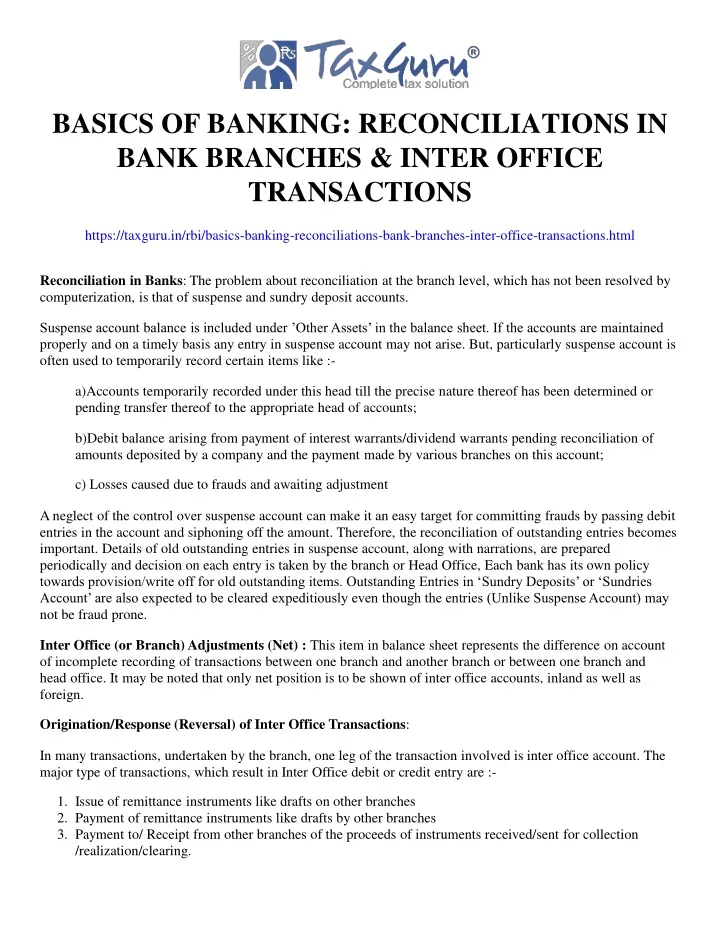 basics of banking reconciliations in bank branches inter office transactions