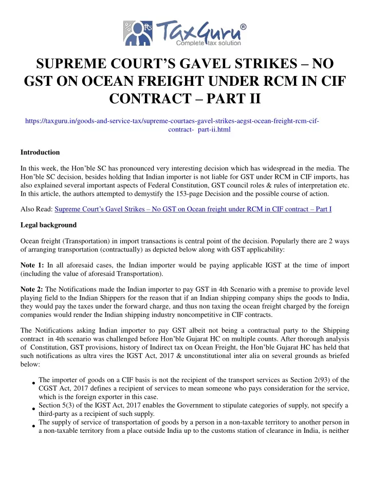 supreme court s gavel strikes no gst on ocean freight under rcm in cif contract part ii