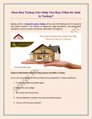 How Rea Turkey Can Help You Buy Villas for Sale in Turkey?