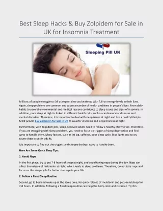 Best Sleep Hacks & Buy Zolpidem for Sale in UK for Insomnia Treatment