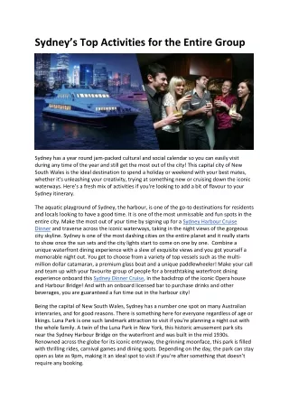 Sydney’s Top Activities for the Entire Group