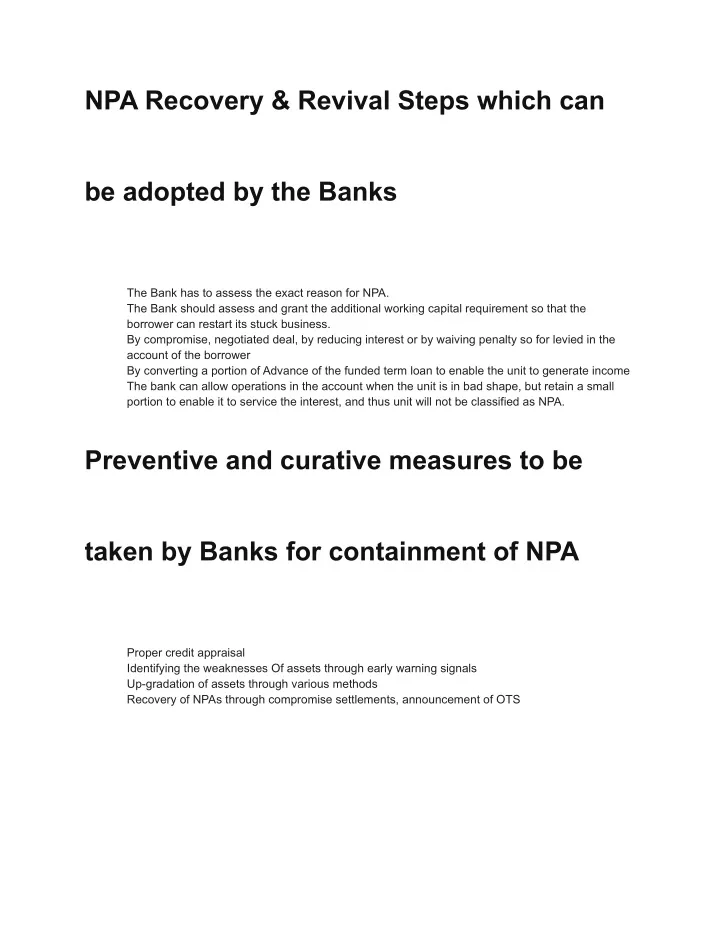 npa recovery revival steps which can