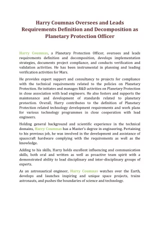 harry coumnas oversees and leads requirements