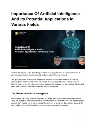 Importance Of Artificial Intelligence And Its Potential Applications In Various Fields