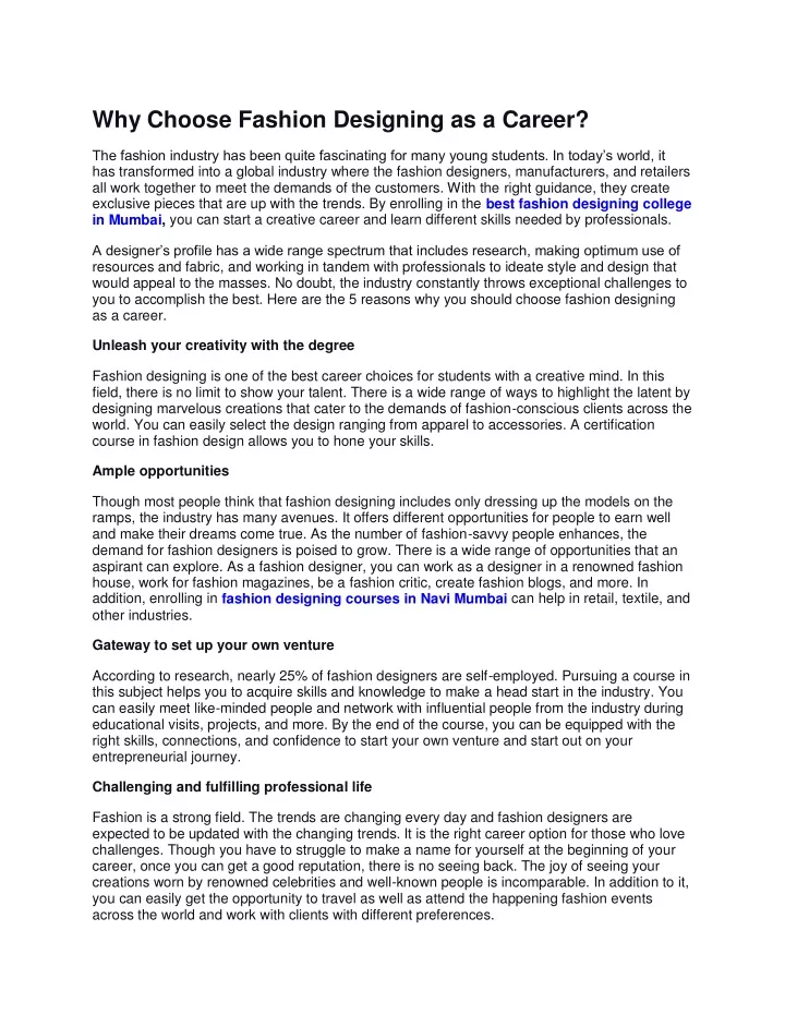 why choose fashion designing as a career