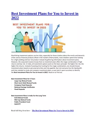 Best Investment Plans for You to Invest in 2022