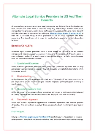 The Various Uses Of Alternate Legal Service Providers in US