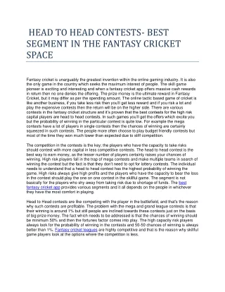 HEAD TO HEAD CONTESTS- BEST SEGMENT IN THE FANTASY CRICKET SPACE