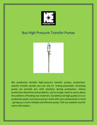 Buy High Pressure Transfer Pumps